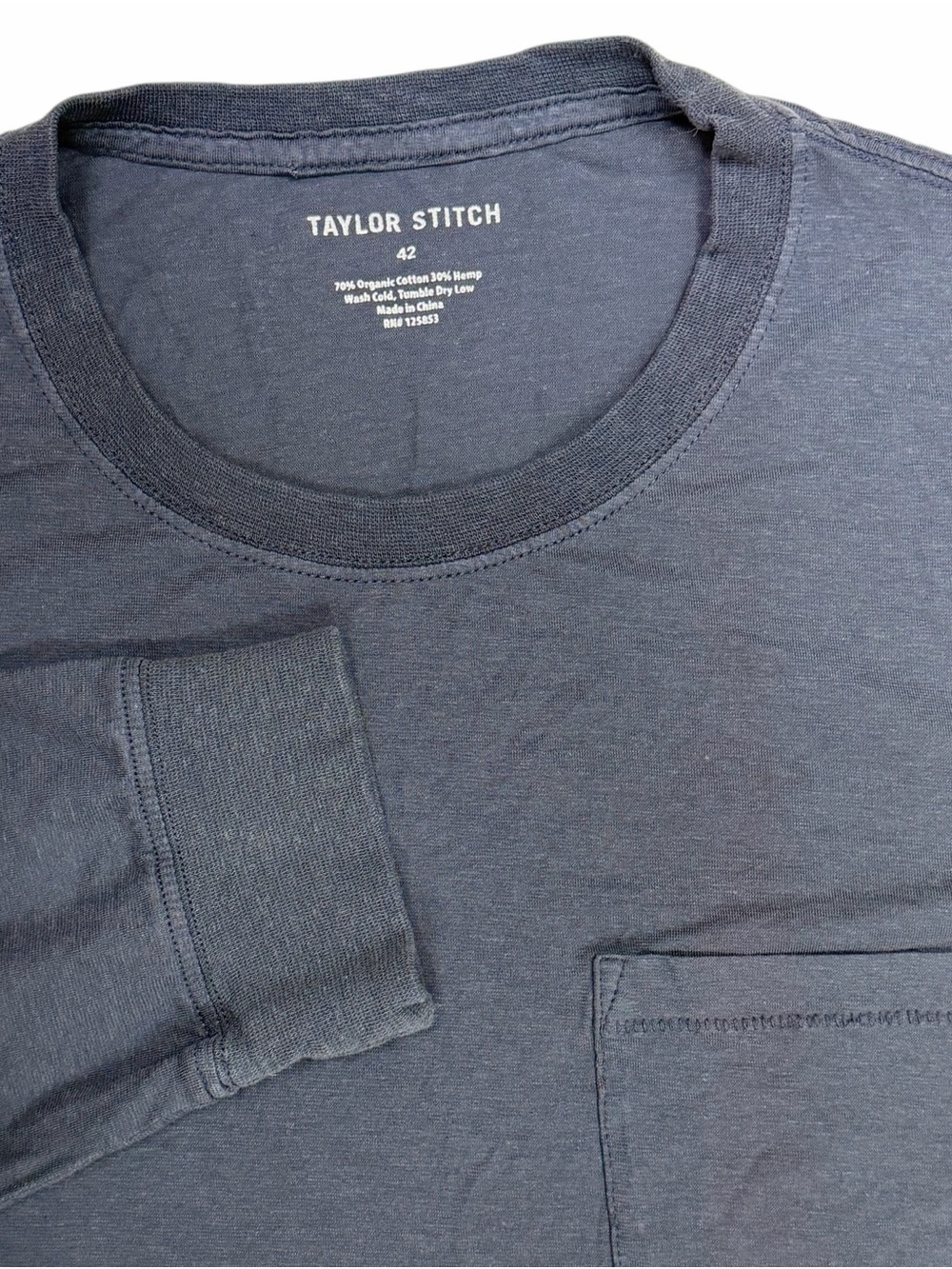 Taylor Stitch Shirt Mens Large 42 Navy Blue Cotton Hemp Long Sleeve Tee Pocket